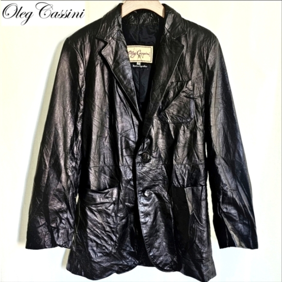 Vintage Oleg Cassini Genuine Leather Black Blazer Jacket - Picture 1 of 16